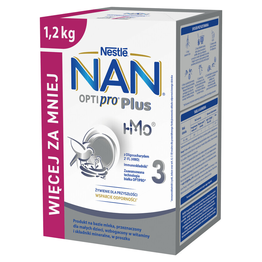 Nestlé NAN Optipro Plus 3 HMO produit à base de lait pour les enfants de plus d'un an, 4 x 1,2 kg