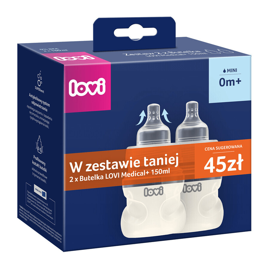 Lovi Medical+ Set, Antikolikflasche mit dynamischem Sauger, mini, ab Geburt, 2 x 150 ml