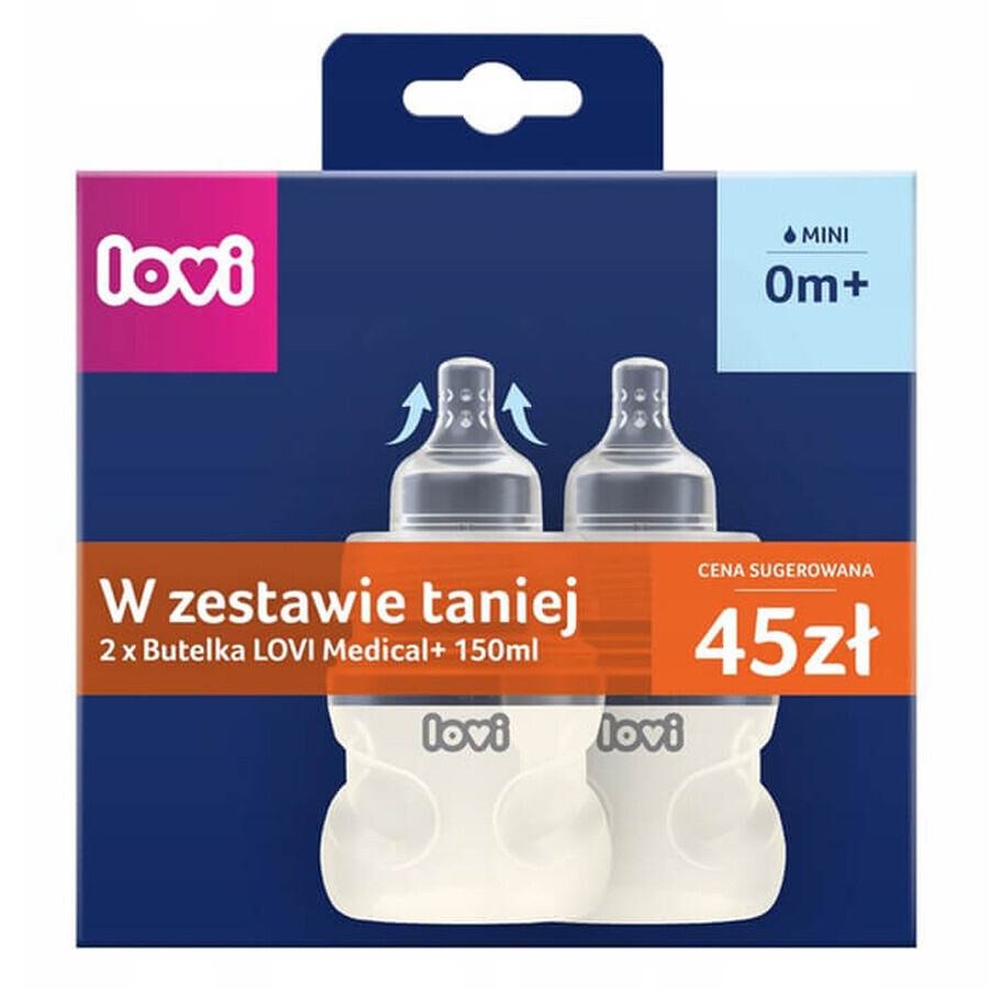 Lovi Medical+ Set, Antikolikflasche mit dynamischem Sauger, mini, ab Geburt, 2 x 150 ml