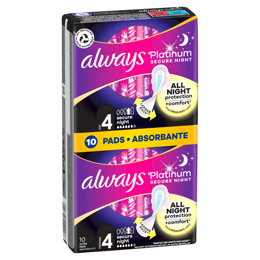 Always Platinum, Damenbinden mit Flügeln, Größe 4, Secure Night, 10 Stück