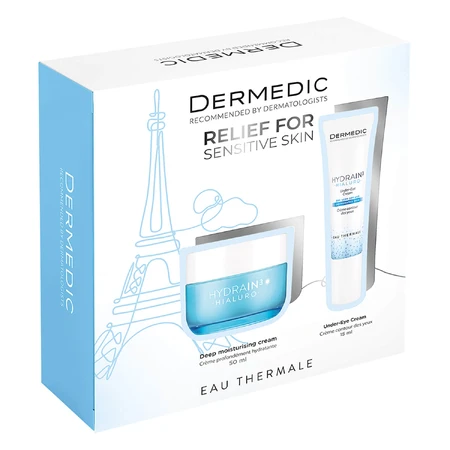 Set Dermedic Hydrain 3 Hialuro, crème hydratante en profondeur, 50 ml + crème pour les yeux, peau déshydratée et sèche, 15 ml