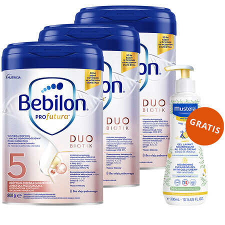 Lote Bebilon Profutura Profutura DuoBiotik 5, leche maternizada nutritiva para niños en edad preescolar, 3 x 800 g + Mustela Bebe Enfant, gel lavante nutritivo, 300 ml de regalo