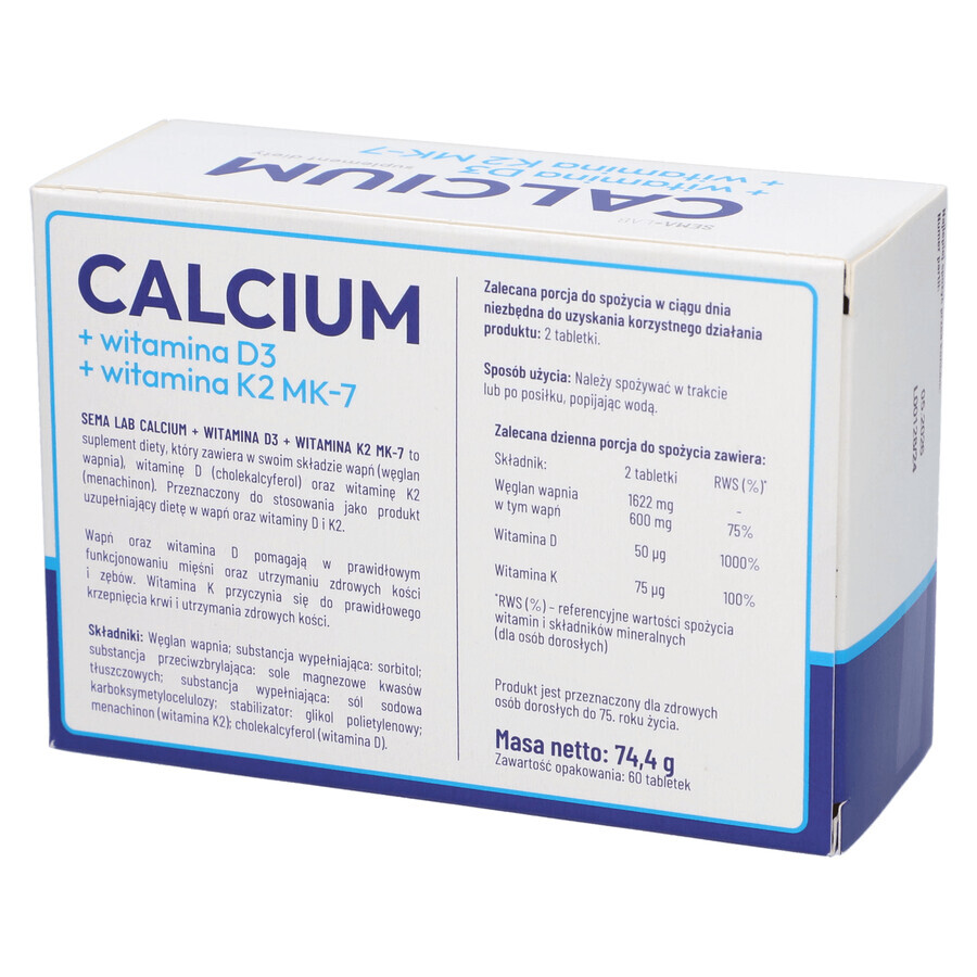 SEMA Lab Calcium + vitamin D3 + vitamin K2 MK-7, 60 hard tablets Unclear pack