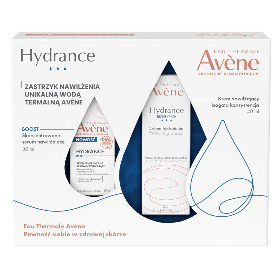 Avene Hydrance Moisture Moisture Shot Set, crema hidratante de textura rica 40 ml + suero hidratante concentrado 30 ml