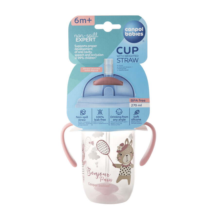 Canpol Babies Set, tropffreier Becher mit Schlauch und Gewicht, Bonjur Paris, rosa, ab 6 Monaten, 270 ml + tropffreier Silikonschlauch mit Gewicht, grau, 1 Stück für 1 Penny