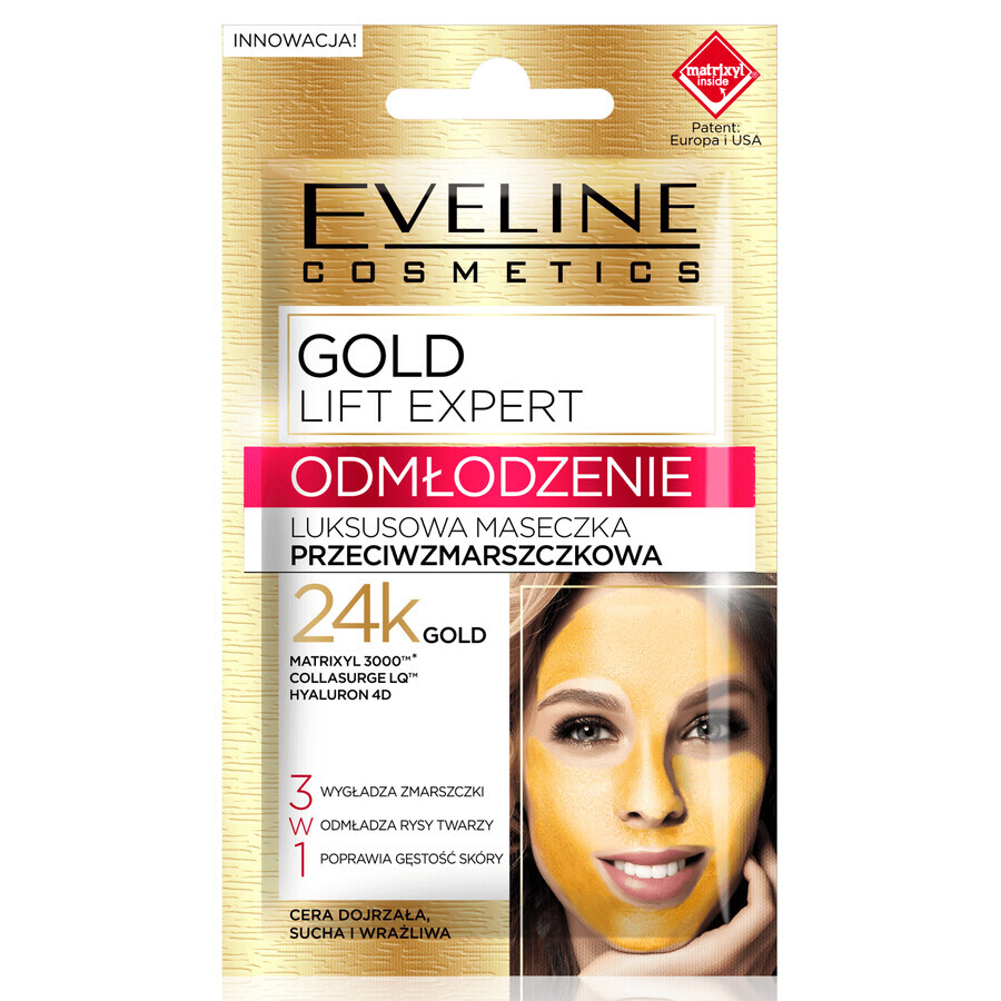 Eveline Cosmetics Gold Lift Expert Rejuvenation, lujosa mascarilla antiarrugas con oro de 24 quilates, 7 ml