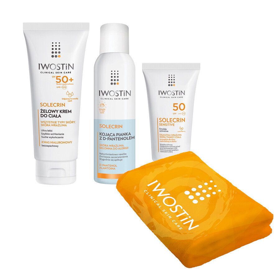 Set Iwostin Solecrin SPF 50+, Schutzemulsion, 100 ml + Schutzschaum, 150 ml + Körpercreme-Gel, 200 ml + Badetuch gratis