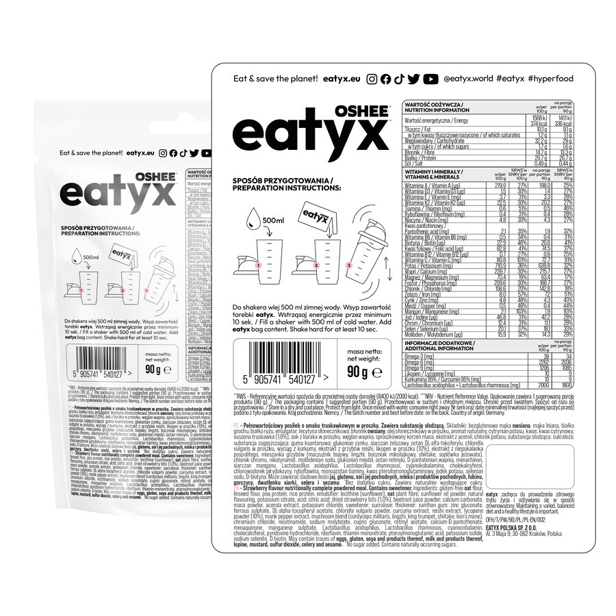 OSHEE Eatyx, cold meal powder, vegan, strawberry, 90 g