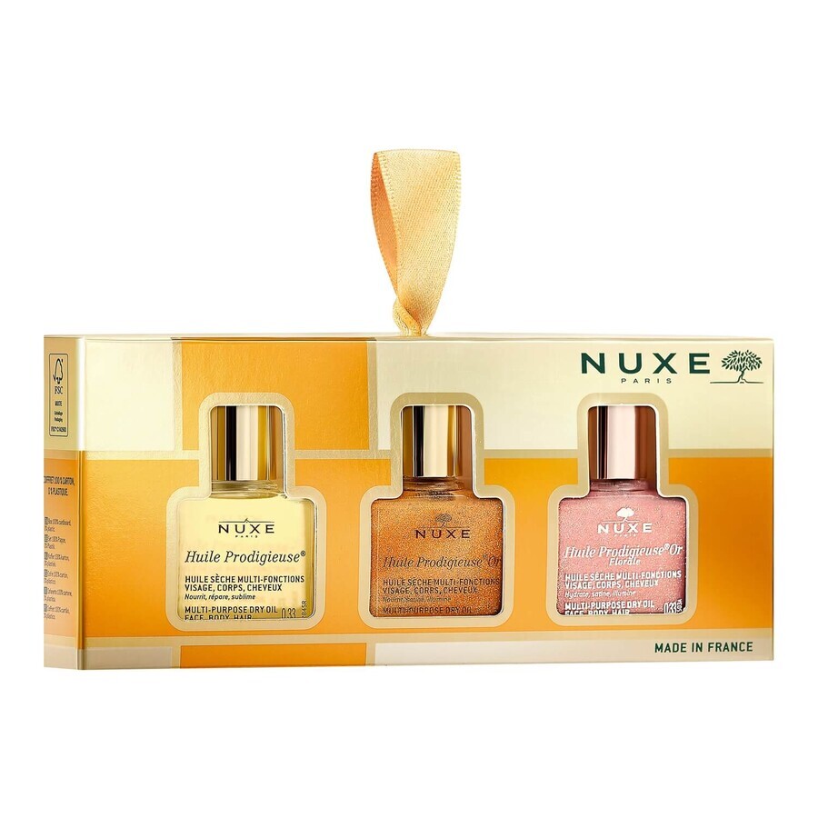 3er-Set Nuxe Huile Prodigieuse Mini-Öle, Trockenöl für Gesicht, Körper und Haare, 10 ml + Trockenöl mit Goldpartikeln, 10 ml + Trockenöl mit Perlpartikeln, 10 ml