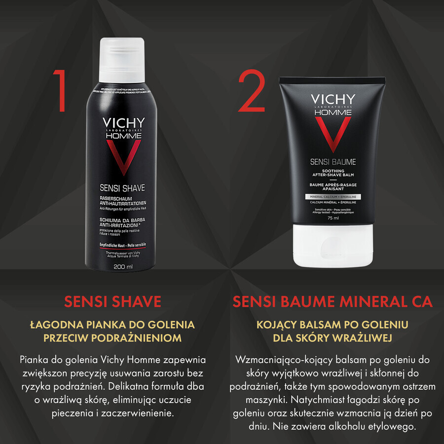 Set de bărbierit Vichy Homme Sensi, spumă de bărbierit blândă anti-iritantă, 200 ml + balsam aftershave calmant pentru piele sensibilă, 50 ml