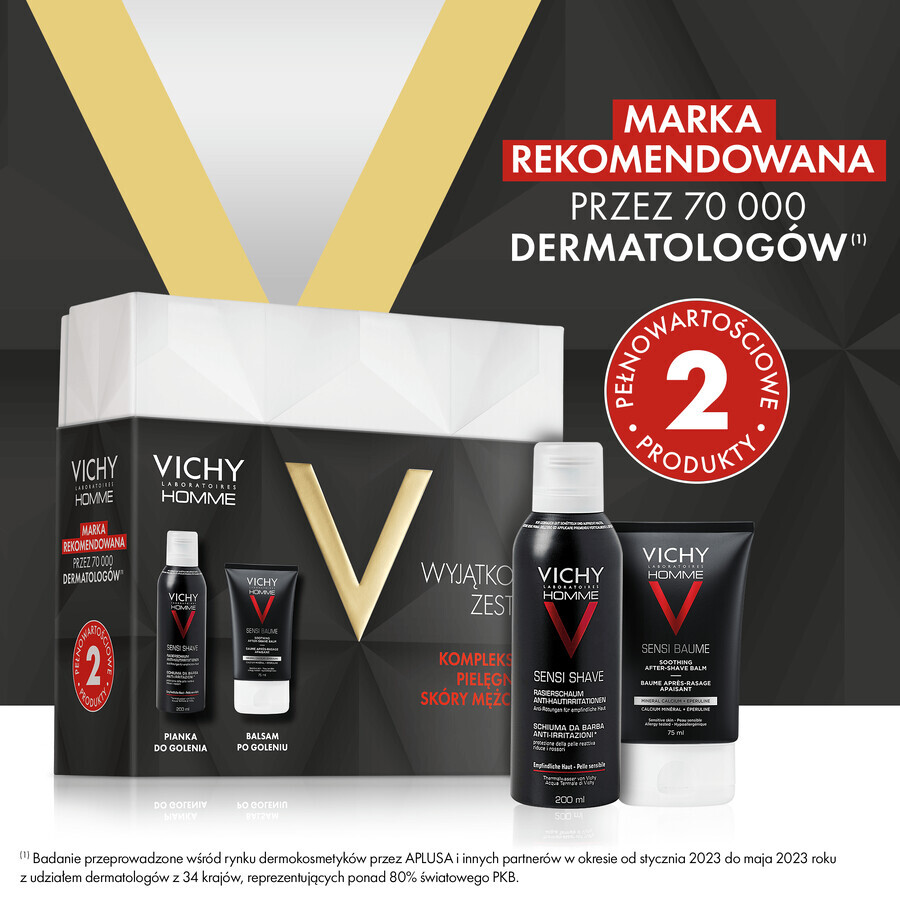 Set de bărbierit Vichy Homme Sensi, spumă de bărbierit blândă anti-iritantă, 200 ml + balsam aftershave calmant pentru piele sensibilă, 50 ml