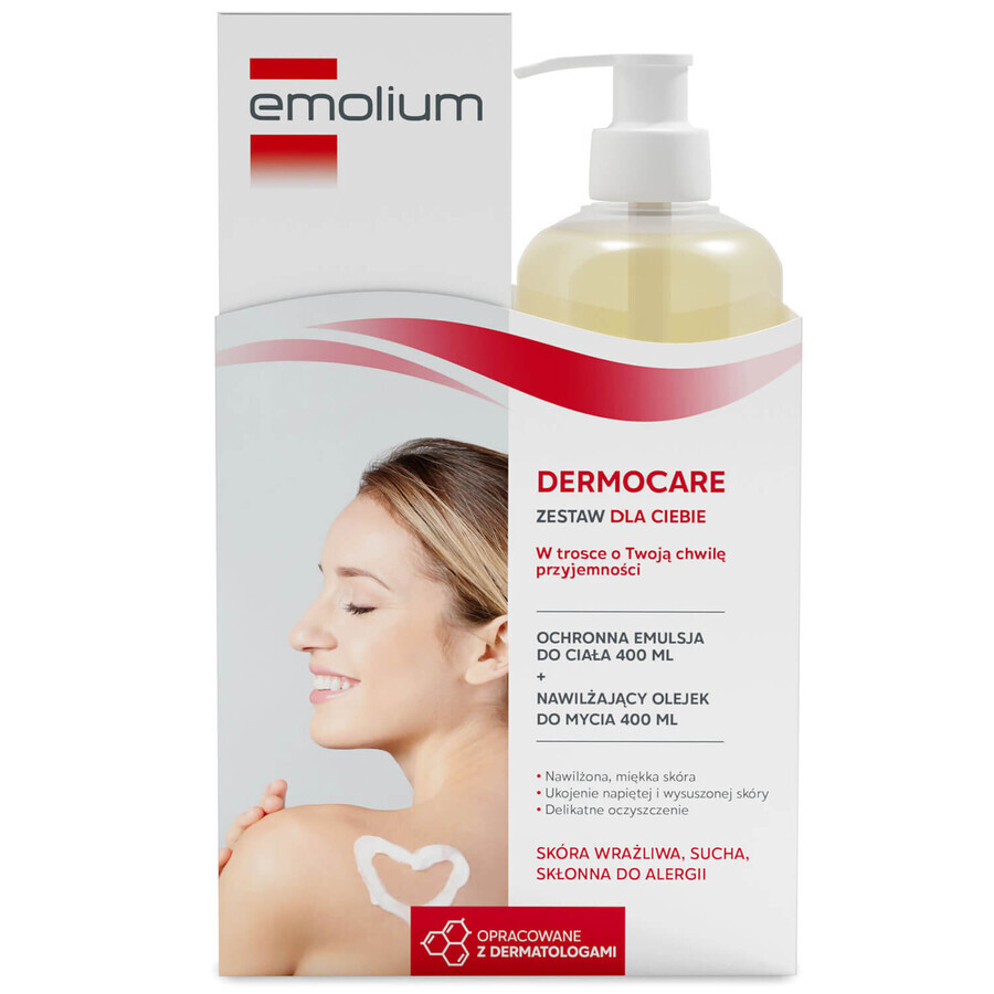 Emolium Dermocare set, moisturizing wash oil, 400 ml + body lotion, 400 ml + protective spray for children from 1 year of age, SPF 50+, 175 ml + free towel