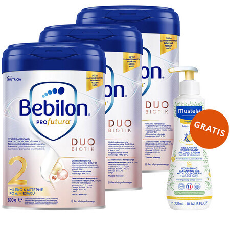 Set Bebilon Profutura DuoBiotik 2, lapte de continuare, după 6 luni, 3 x 800 g + Mustela Bebe Enfant, gel nutritiv de spălare, 300 ml gratis