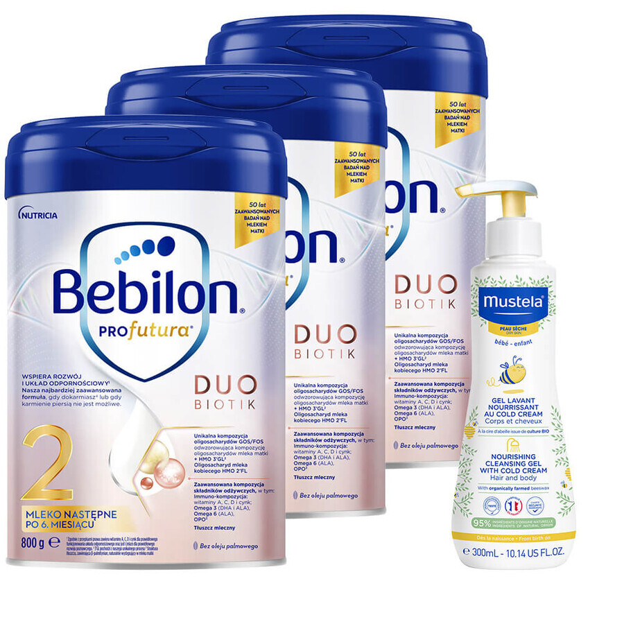 Set Bebilon Profutura DuoBiotik 2, lapte de continuare, după 6 luni, 3 x 800 g + Mustela Bebe Enfant, gel nutritiv de spălare, 300 ml gratis