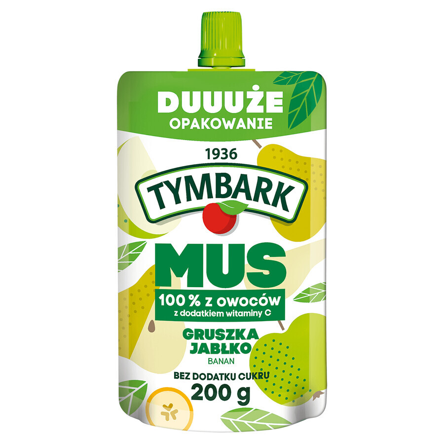 Tymbark 100% Mousse en tubo, pera, manzana, plátano, sin azúcares añadidos, 200 g