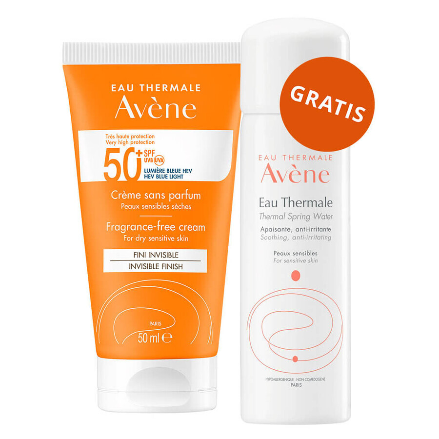 Avene Sun, Gesichtscreme, parfümfrei, trockene und empfindliche Haut, SPF 50+, 50 ml + Thermalwasser, 50 ml gratis