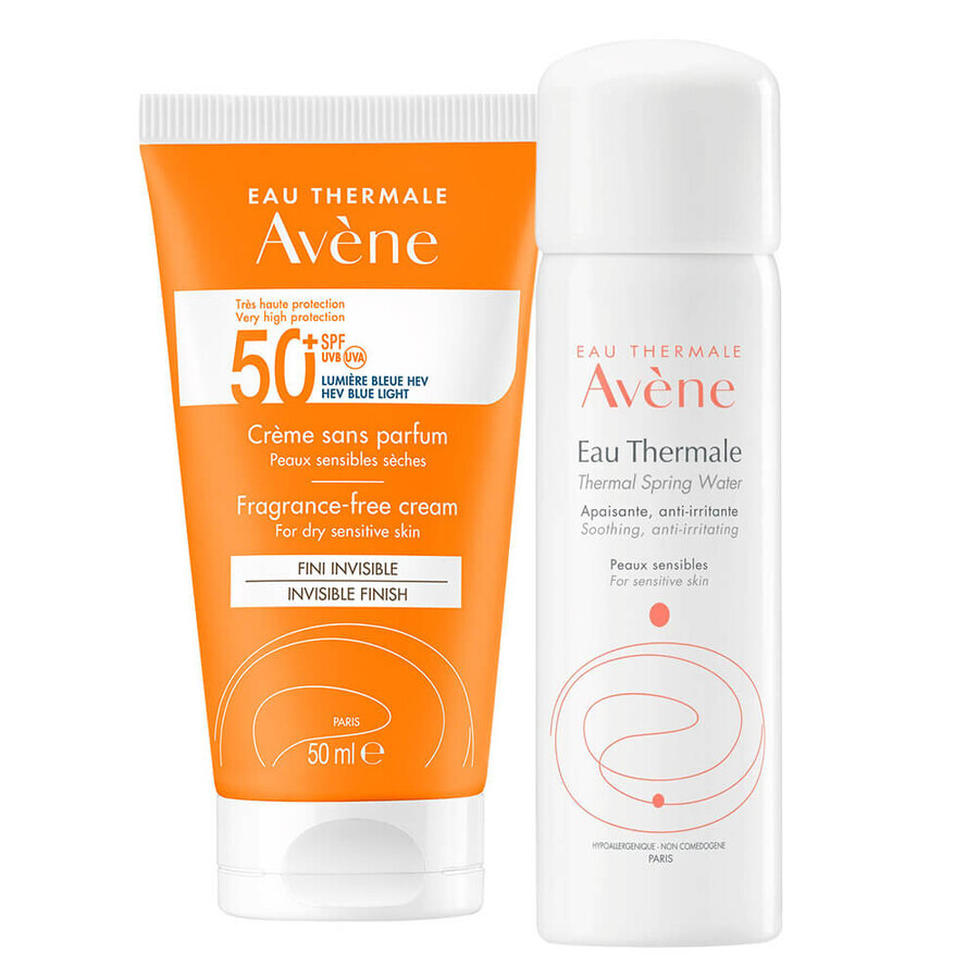 Avene Sun, Gesichtscreme, parfümfrei, trockene und empfindliche Haut, SPF 50+, 50 ml + Thermalwasser, 50 ml gratis