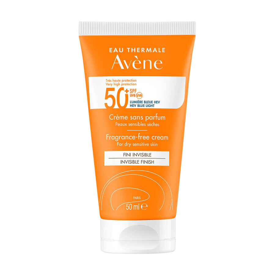 Avene Sun, Gesichtscreme, parfümfrei, trockene und empfindliche Haut, SPF 50+, 50 ml + Thermalwasser, 50 ml gratis