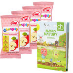 Crispy Natural Crunchy Set, getrocknete Apfelwürfel mit Erdbeersaft, 4 x 12 g + gratis Blissful Nature Malbuch