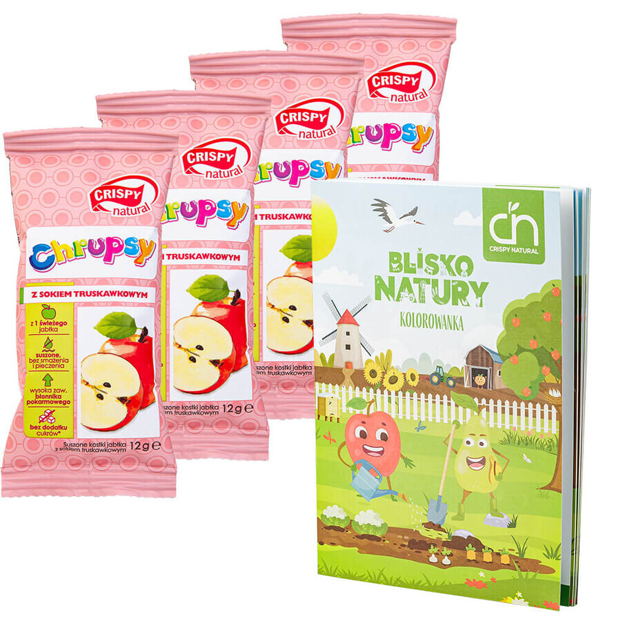 Crispy Natural Crunchy Set, getrocknete Apfelwürfel mit Erdbeersaft, 4 x 12 g + gratis Blissful Nature Malbuch