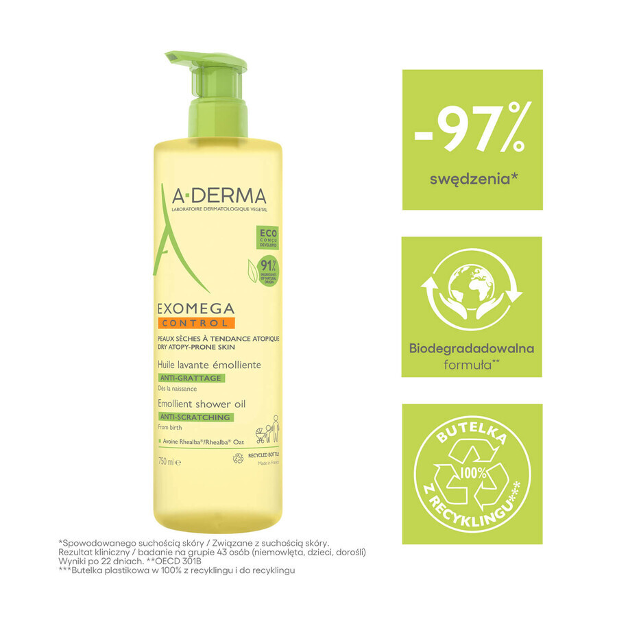 A-Derma Exomega Control, emollient shower oil, dry skin prone to atopy, from birth, 750 ml