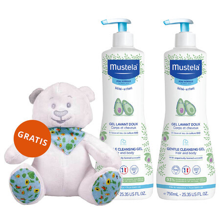 Mustela Bebe Enfant set, gentle body and head wash, from birth, 2 x 750 ml + free teddy bear wrap