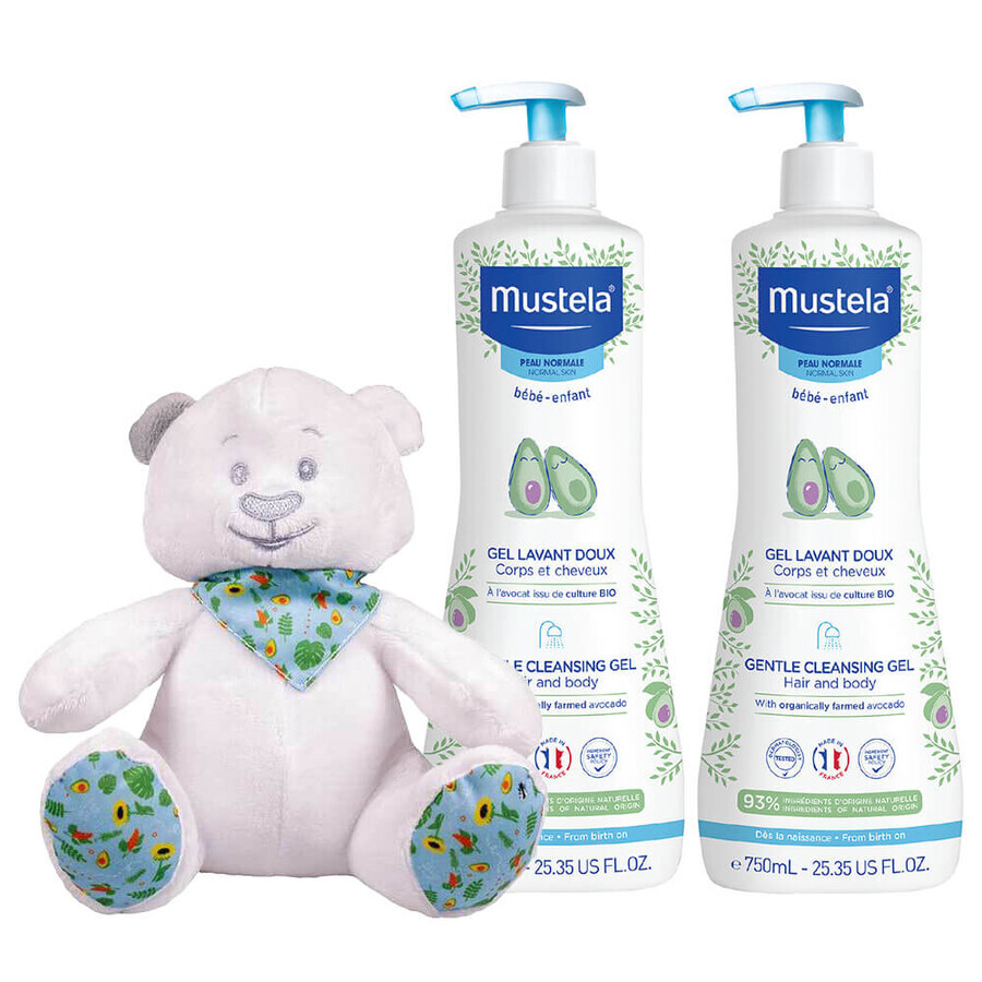 Mustela Bebe Enfant set, gentle body and head wash, from birth, 2 x 750 ml + free teddy bear wrap