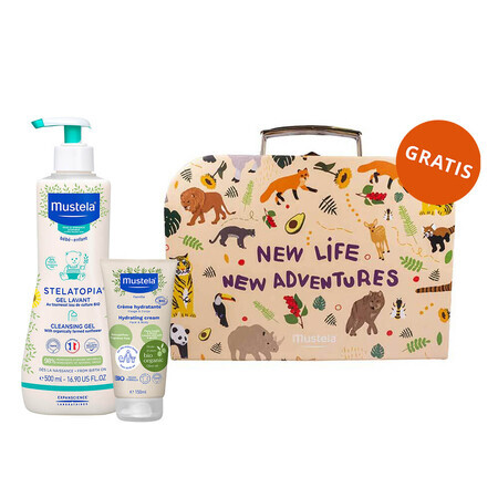 Mustela Stelatopia Set, Mustela Stelatopia Body Wash von Geburt an, 500 ml + Feuchtigkeitscreme für Gesicht und Körper von Geburt an, 150 ml + Box, 1 gratis