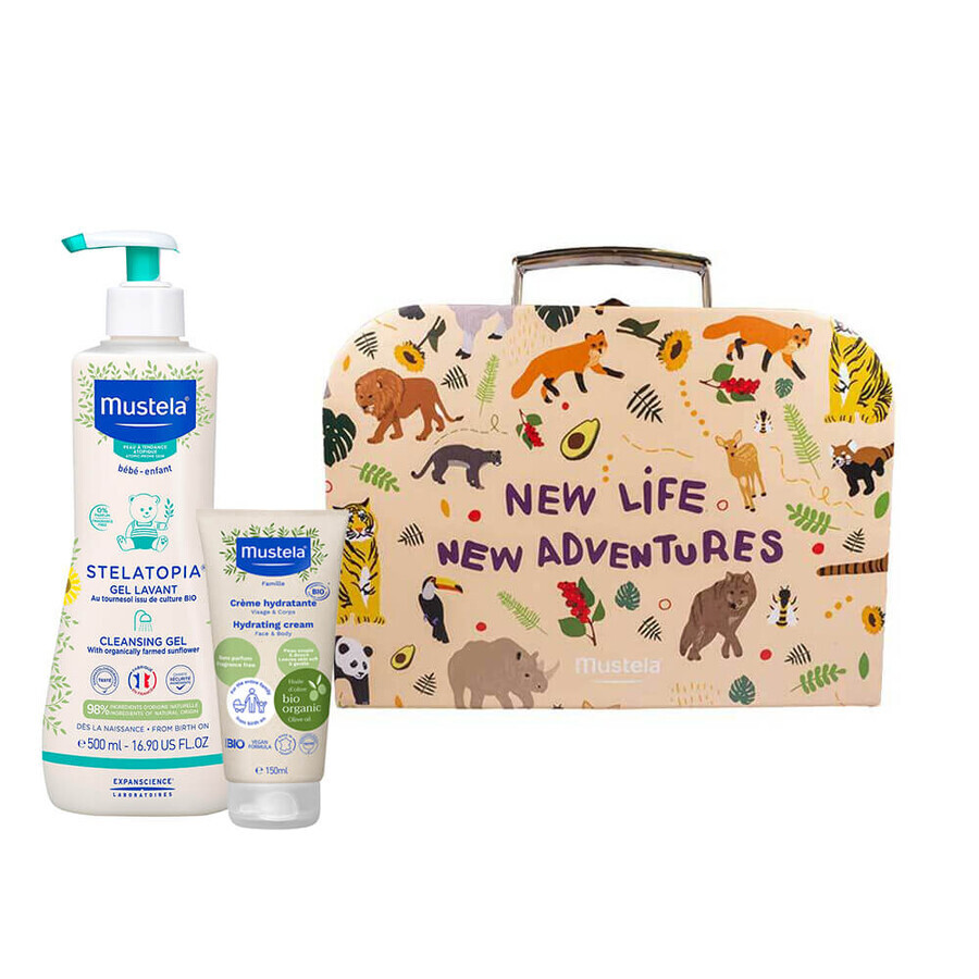 Mustela Stelatopia Set, Mustela Stelatopia Body Wash von Geburt an, 500 ml + Feuchtigkeitscreme für Gesicht und Körper von Geburt an, 150 ml + Box, 1 gratis