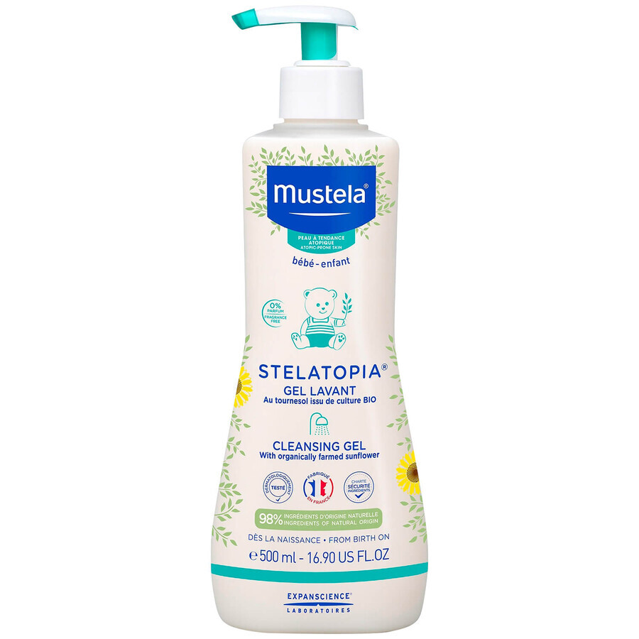 Mustela Stelatopia Set, Mustela Stelatopia Body Wash von Geburt an, 500 ml + Feuchtigkeitscreme für Gesicht und Körper von Geburt an, 150 ml + Box, 1 gratis