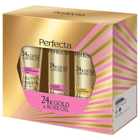 Set Perfecta 24K Gold & Rosenöl, Peeling, 75 ml + Reinigungsmilch, 200 ml + Gesichtswasser, 200 ml