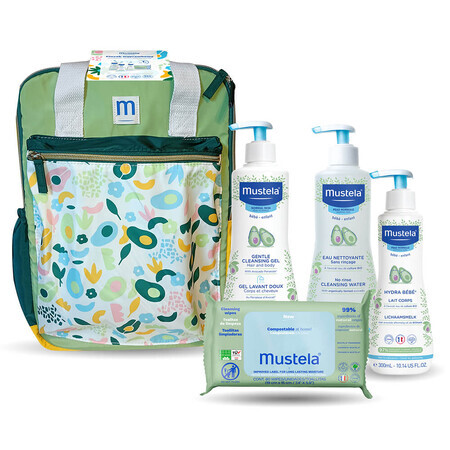 Mustela Layout Backpack, Waschgel, 500 ml + Reinigungswasser, 500 ml + Körpermilch, 300 ml + Feuchttücher, 60 Stück