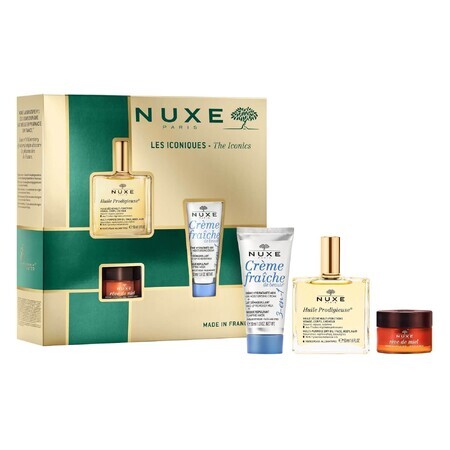 Coffret best-sellers Nuxe Huile Prodigieuse, huile sèche, 50 ml + baume à lèvres nourrissant, 15 g + crème hydratante 3 en 1, 100 ml