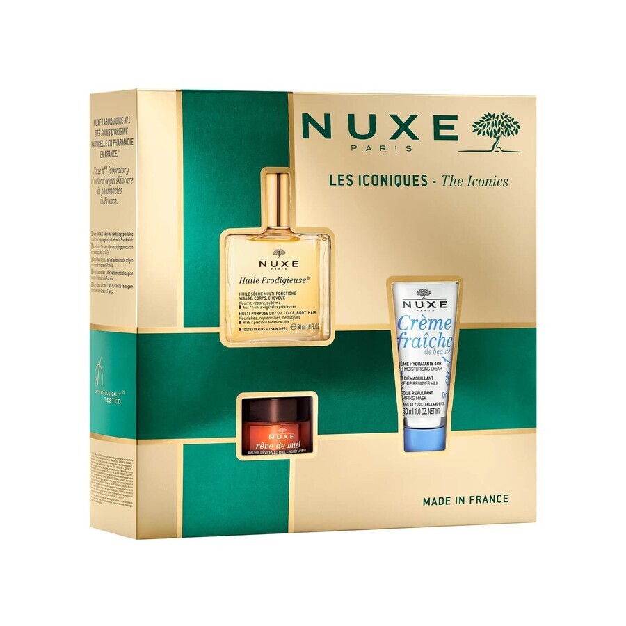 Coffret best-sellers Nuxe Huile Prodigieuse, huile sèche, 50 ml + baume à lèvres nourrissant, 15 g + crème hydratante 3 en 1, 100 ml