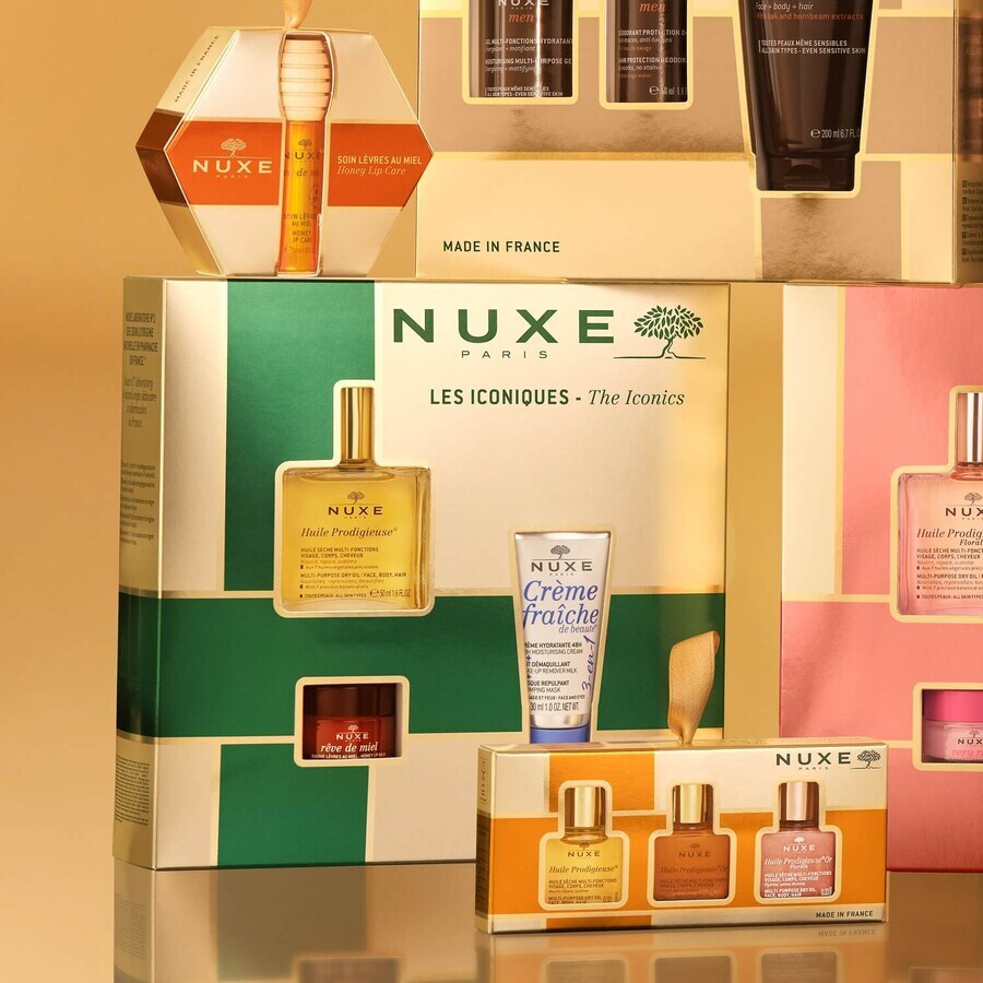 Coffret best-sellers Nuxe Huile Prodigieuse, huile sèche, 50 ml + baume à lèvres nourrissant, 15 g + crème hydratante 3 en 1, 100 ml