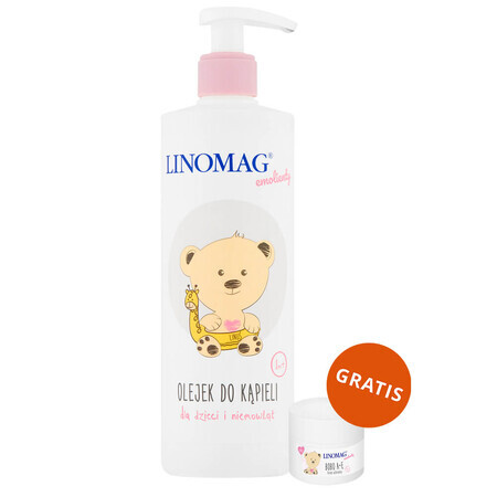 Linomag Emollienti, olio da bagno per neonati e bambini da 1 mese, 400 ml + crema protettiva, 15 ml in omaggio