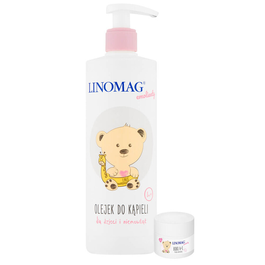 Linomag Emollienti, olio da bagno per neonati e bambini da 1 mese, 400 ml + crema protettiva, 15 ml in omaggio