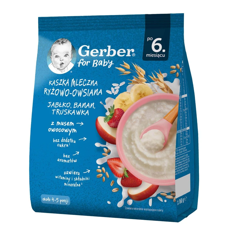Gerber Haferbrei und Reis, Äpfel, Bananen, Erdbeeren, Milch, ohne Zuckerzusatz, ab 6 Monaten, 160 g