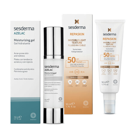 Sesderma Set, Azelac, feuchtigkeitsspendendes Gel mit Azelainsäure, 50 ml + Repaskin Fluido Invisible, milder Sonnenschutz für das Gesicht, SPF 50, 50 ml für 1 Penny