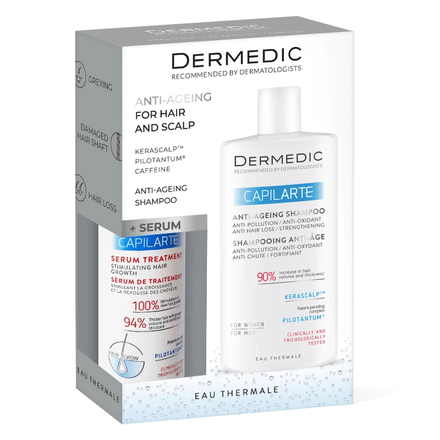 Set Dermedic Capilarte, siero di trattamento stimolante per la crescita dei capelli per donne e uomini, 150 ml + shampoo anti-età, 300 ml