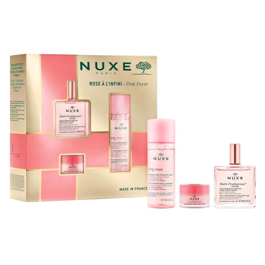 Nuxe Bestsellers Set Huile Prodigieuse Florale, Trockenöl, 50 ml + beruhigendes 3-in-1 Mizellenwasser, 100 ml + Rosen-Lippenbalsam, 15 g