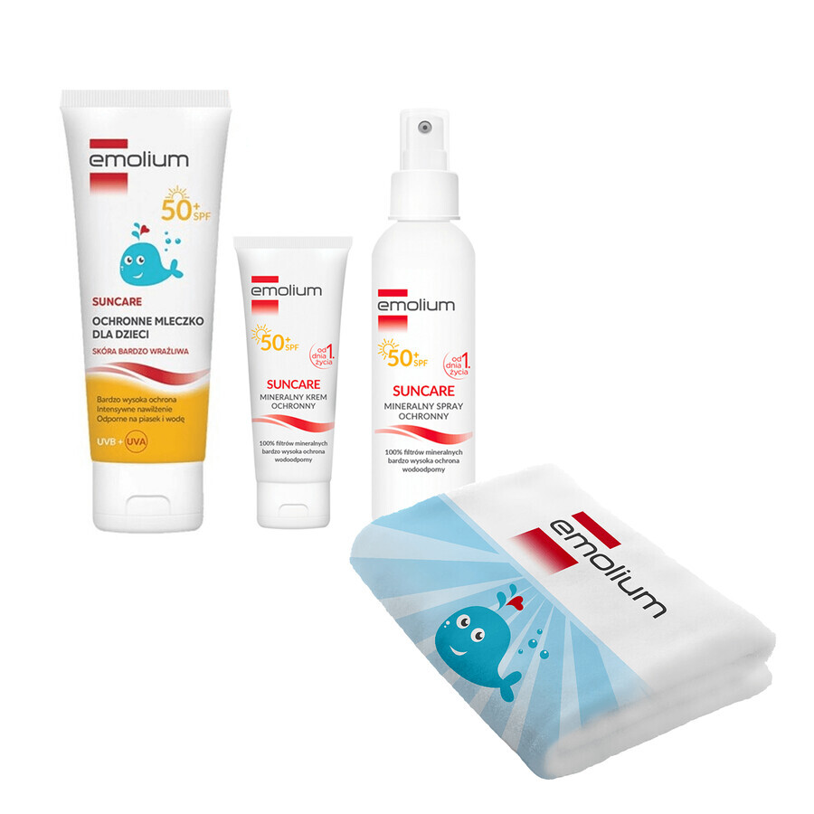 Set Emolium Suncare SPF 50+, Sonnenschutzmittel 50 ml + Sonnenschutzspray 100 ml + Sonnenschutzlotion 125 ml + Badetuch gratis