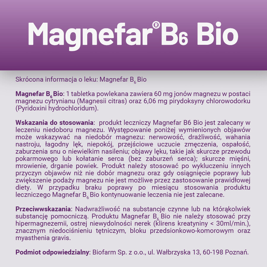 Magnefar B6 Bio 60 mg + 6,06 mg, 60 Filmtabletten