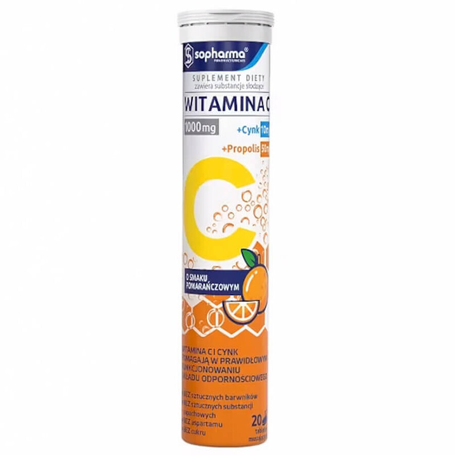 Sopharma Vitamin C 1000 + Zink + Propolis, Orangengeschmack, 20 Brausetabletten