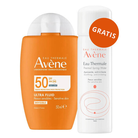 Avene Ultra Fluid Invisible, unsichtbarer Sonnenschutz für das Gesicht, empfindliche Haut, SPF 50+, 50 ml + Thermalwasser, 50 ml gratis