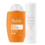 Avene Ultra Fluid Invisible, unsichtbarer Sonnenschutz für das Gesicht, empfindliche Haut, SPF 50+, 50 ml + Thermalwasser, 50 ml gratis