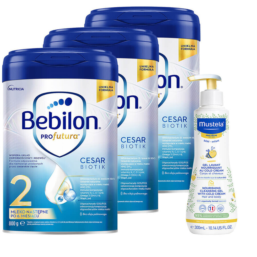 Set Bebilon Profutura Profutura CesarBiotik 2, latte di proseguimento, dopo 6 mesi, 3 x 800 g + Mustela Bebe Enfant, gel lavante nutriente, 300 ml in omaggio