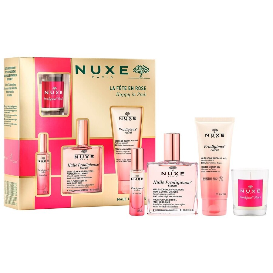 Nuxe Prodigieuse Floral Cult Set, Trockenöl, 50 ml + Duschgel, 100 ml + Parfüm, 15 ml + Duftkerze, 70 g