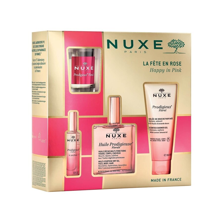 Nuxe Prodigieuse Floral Cult Set, Trockenöl, 50 ml + Duschgel, 100 ml + Parfüm, 15 ml + Duftkerze, 70 g