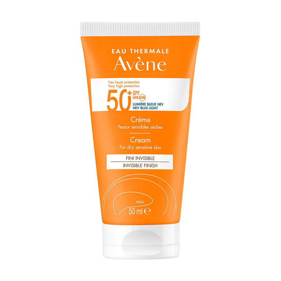 Avene Sun, crema de protección facial para pieles secas y sensibles, FPS 50+, 50 ml + agua termal de manantial, 50 ml gratis